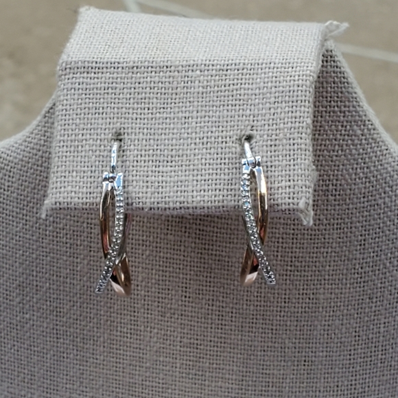 10K Rose Gold and Sterling Silver Pave Diamond Crossover Hoops - Picture 5 of 16
